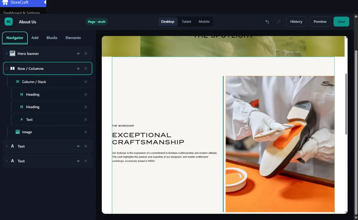 The page builder editing a demo store page.